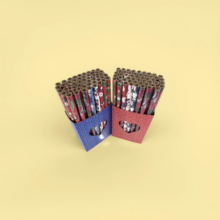 Two boxes of blue and red star-dotted heart-shaped hollowed-out gift boxes with colorful Christmas-themed roll wrapping paper Two boxes of blue and red star-dotted heart-shaped hollowed-out gift boxes with colorful Christmas-themed roll wrapping paper